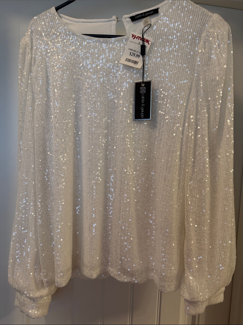 Cable & Gauge White Sequin Long-Sleeve Blouse